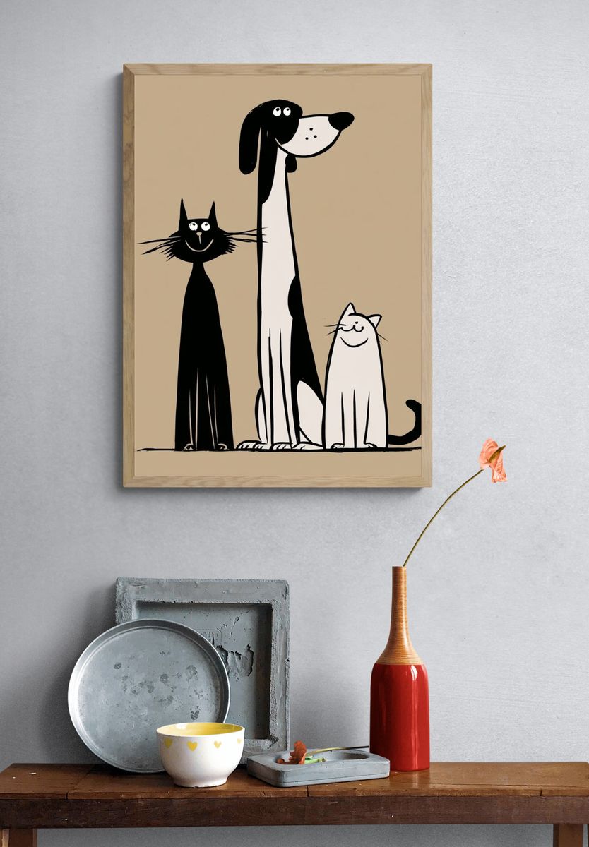Playful Cats and Dog Illustration Poster. — room view 3
