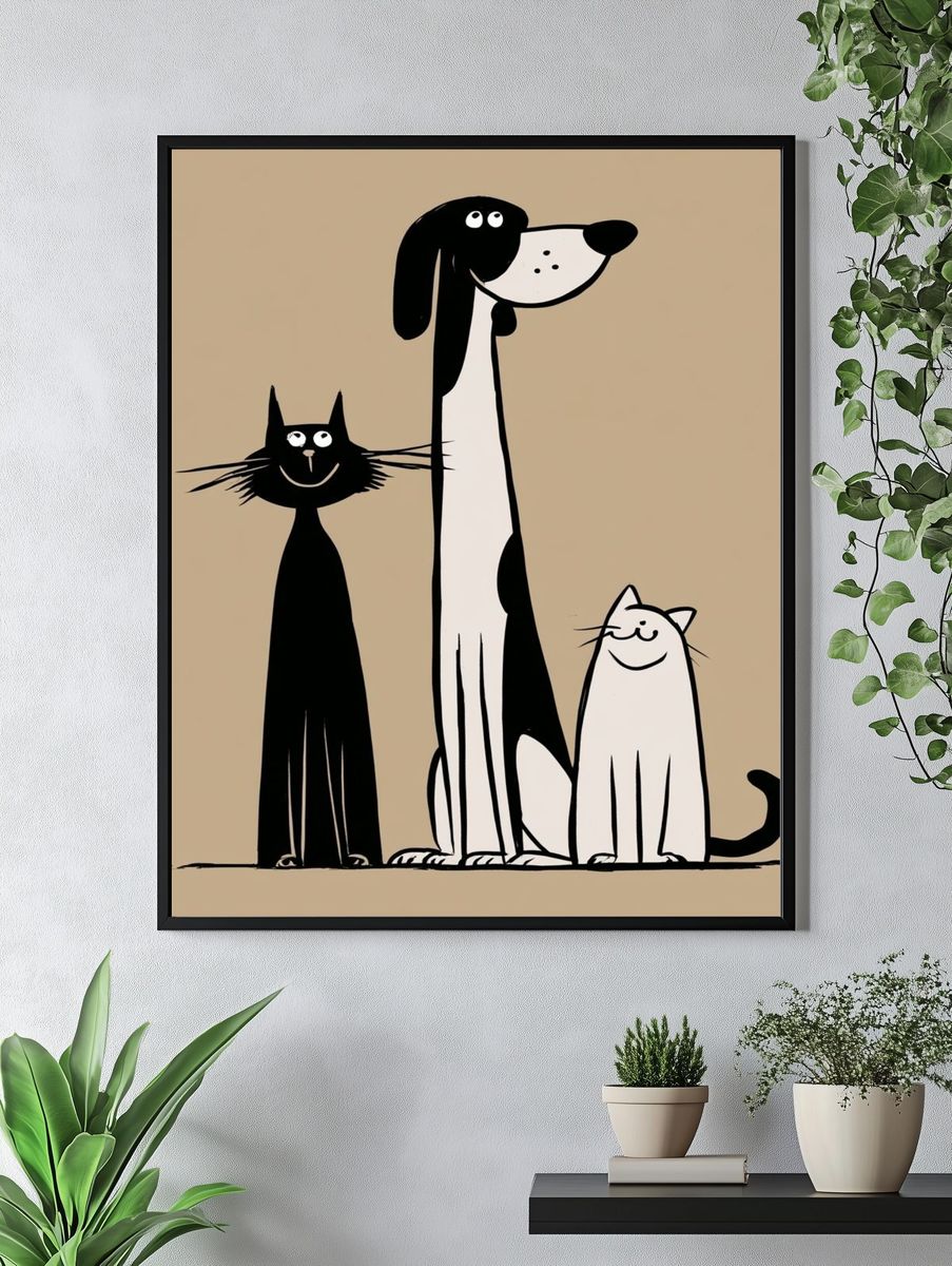 Playful Cats and Dog Illustration Poster. — room view 4