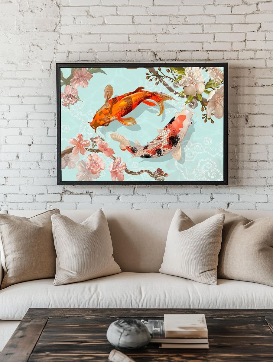 Two Japanese Koi fish swimming. — room view 1