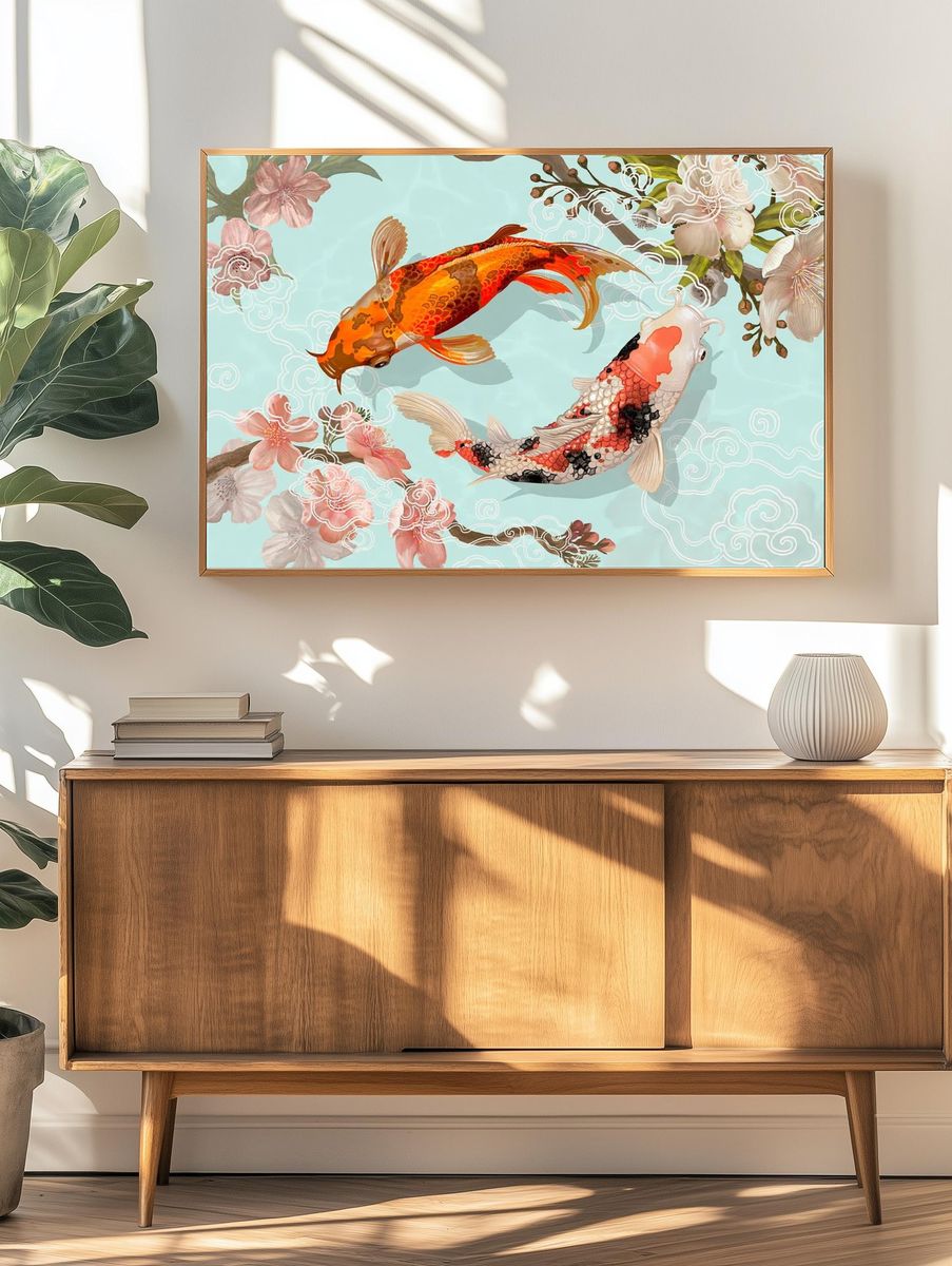 Two Japanese Koi fish swimming. — room view 3