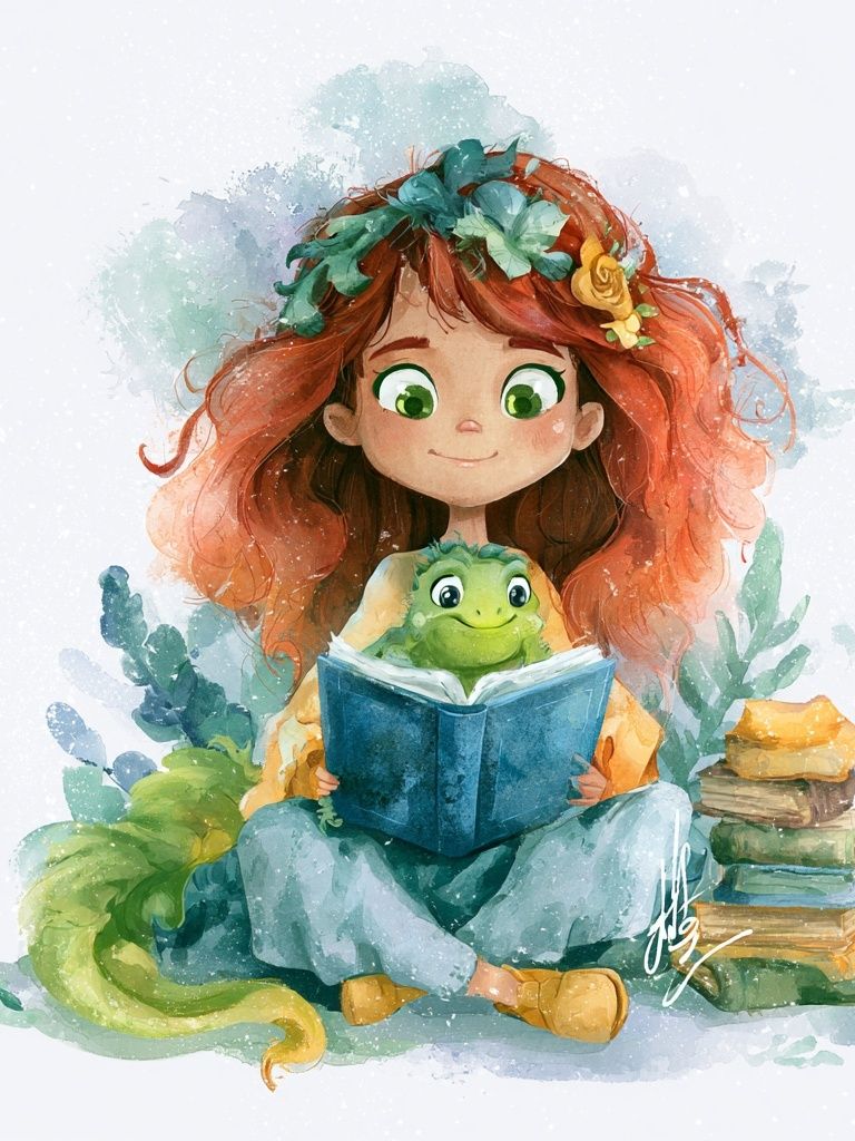 Girl and Turtle Watercolor Print. poster detail