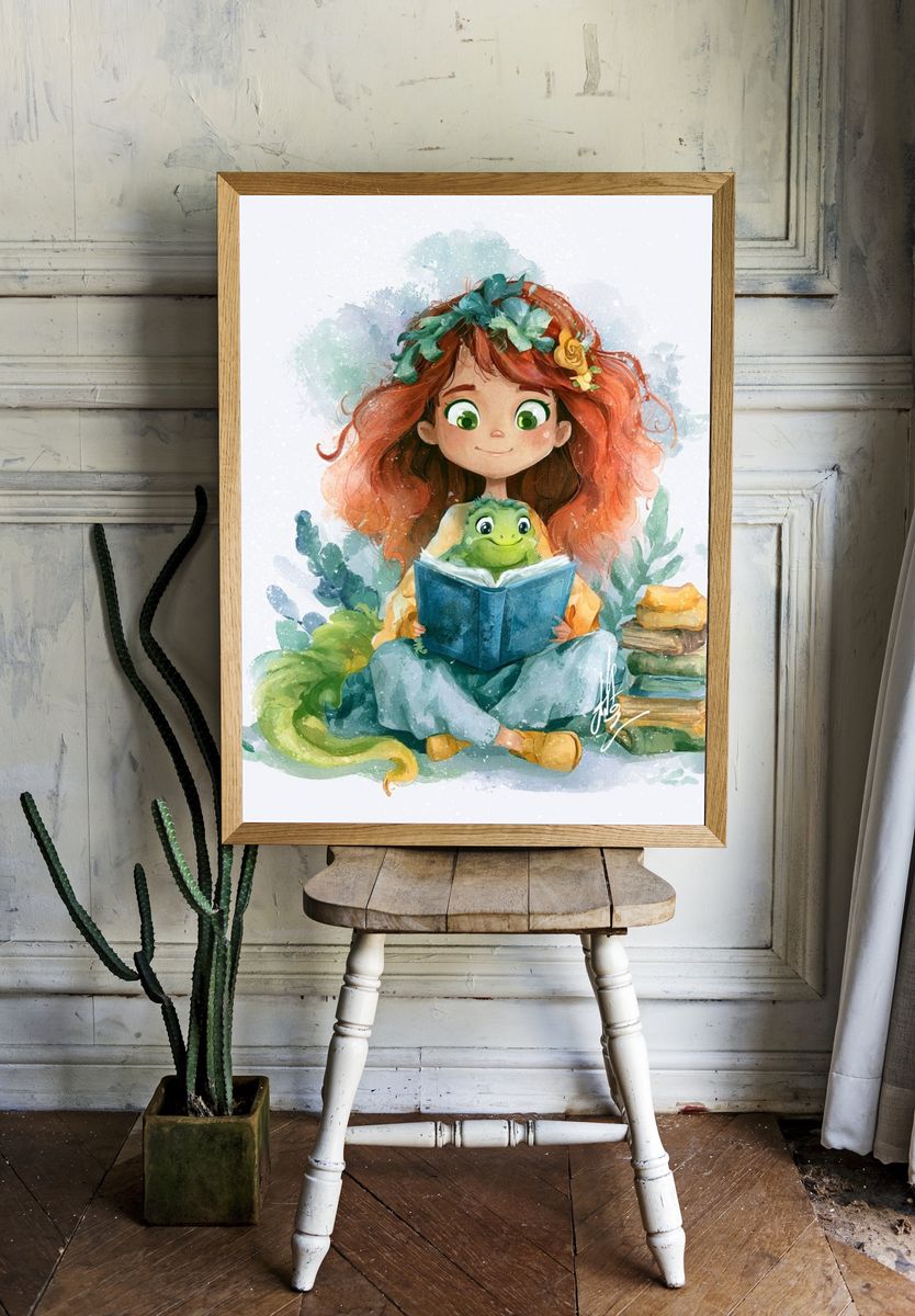 Girl and Turtle Watercolor Print. — room view 1