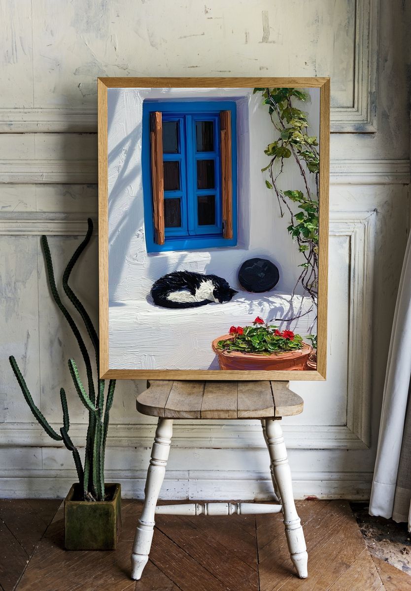 Sleeping Cat Courtyard — Illustration Print. — room view 1