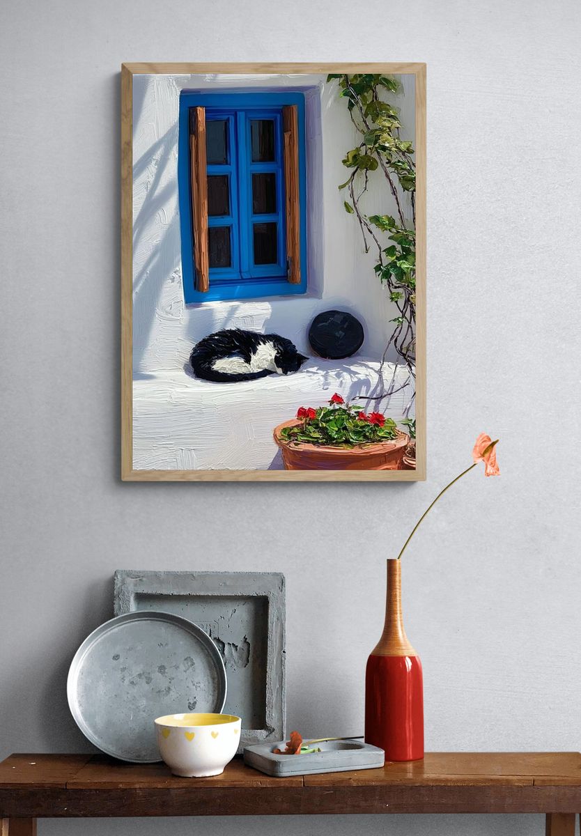 Sleeping Cat Courtyard — Illustration Print. — room view 3