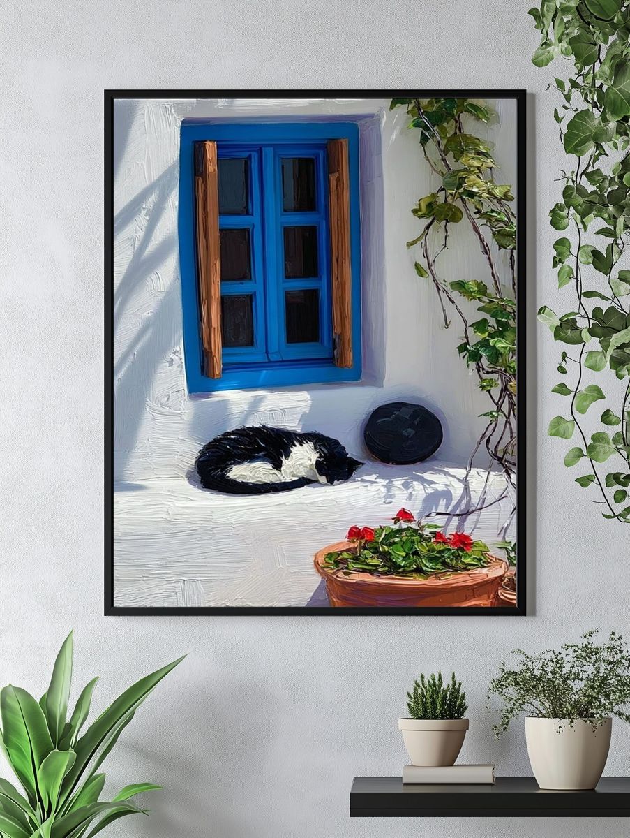 Sleeping Cat Courtyard — Illustration Print. — room view 4