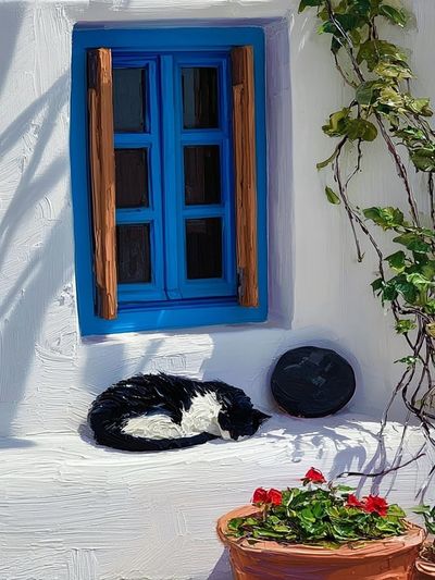 Sleeping Cat Courtyard — Illustration Print. poster