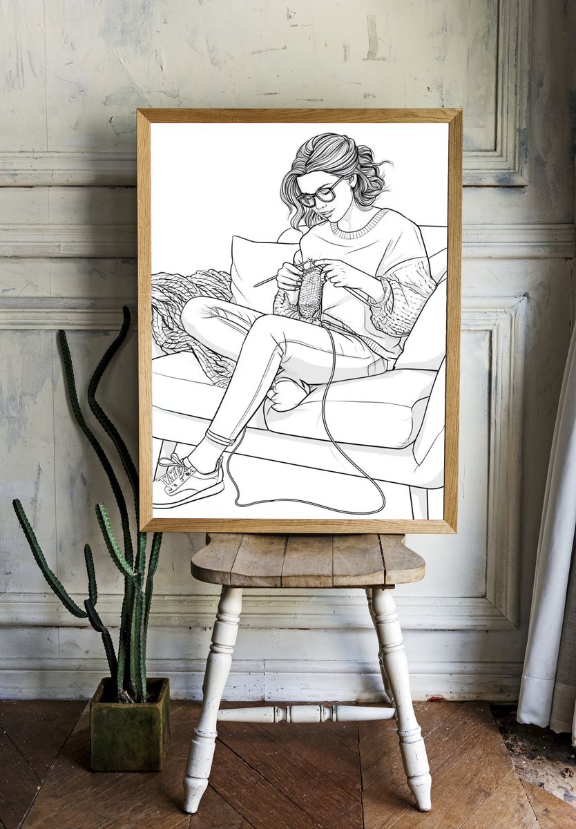 Knitting Woman Line Art Poster. room preview