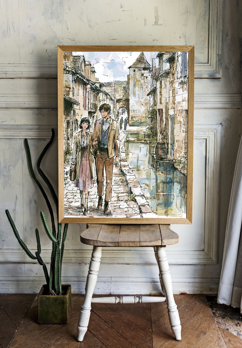 Canal Street Couple Illustration Poster. — room view 1