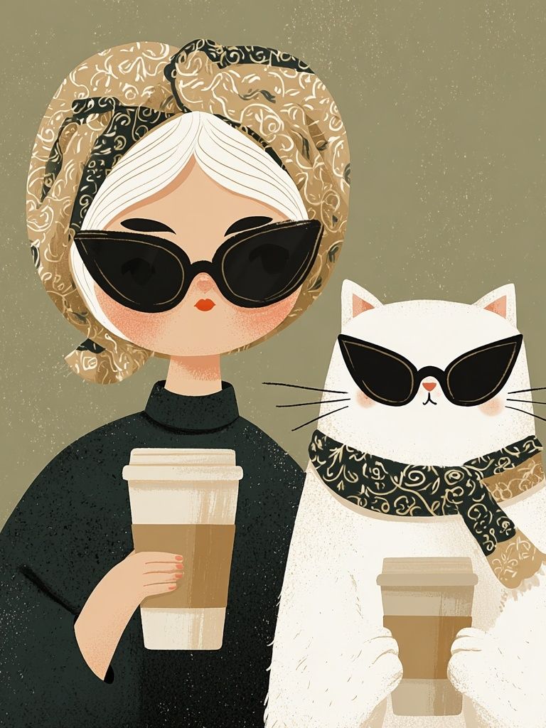 Coffee Girl and Cat Illustration Poster. poster — illustration art