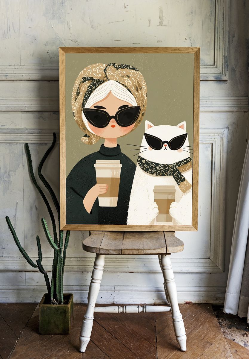 Coffee Girl and Cat Illustration Poster. — room view 1