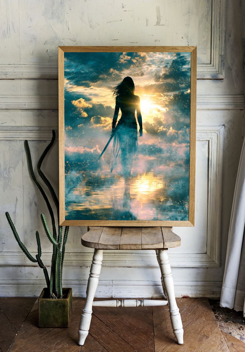 Silhouette at Sunrise Illustration Print. room preview