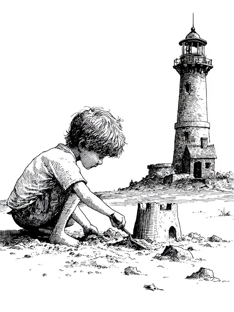 Boy Building Lighthouse Ink Print. poster — illustration art