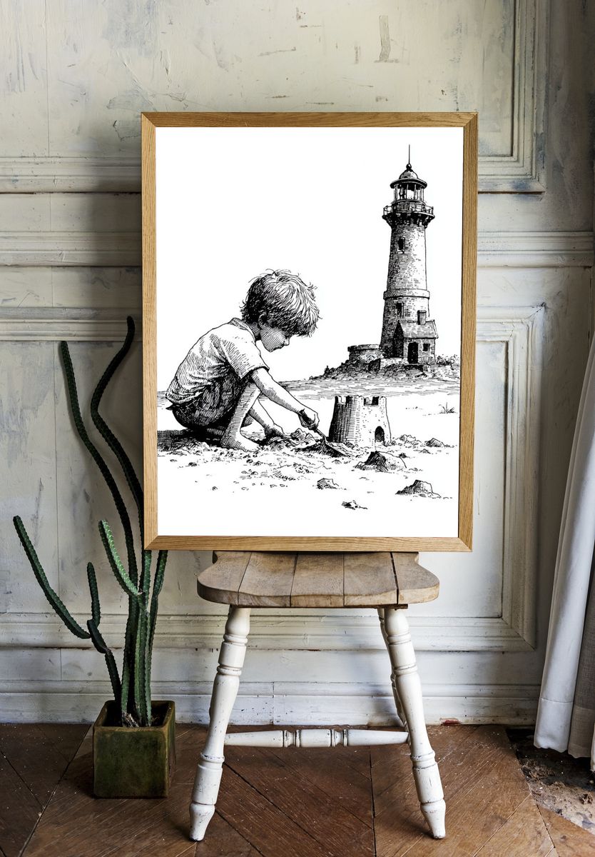 Boy Building Lighthouse Ink Print room preview