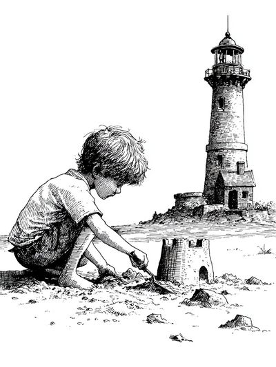 Boy Building Lighthouse Ink Print. poster