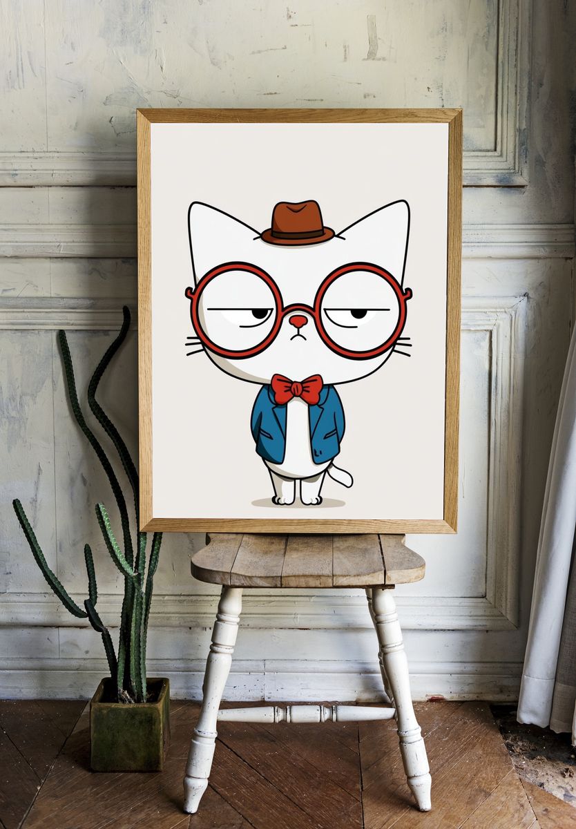 Hipster Cat Illustration Poster. — room view 1