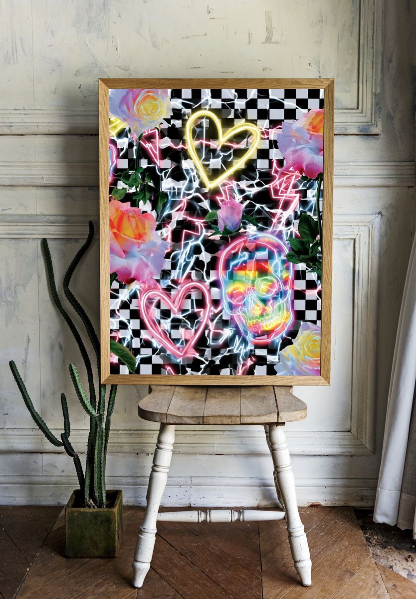 Neon Roses and Skulls Pop-Art Poster. room preview