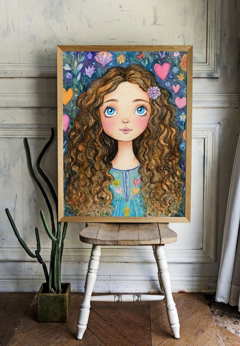 Curly Girl Floral Watercolor Poster. room preview