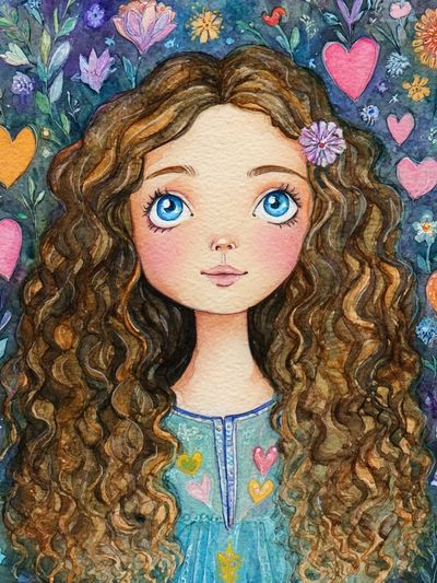 Curly Girl Floral Watercolor Poster. poster print