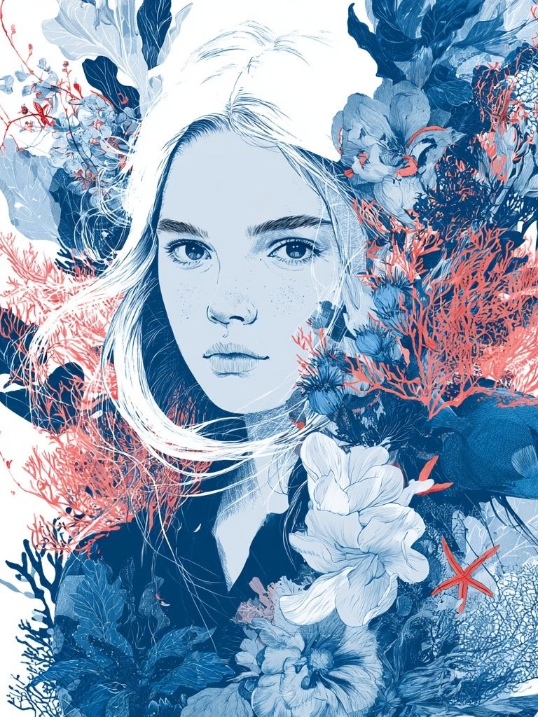 Coral Bloom Portrait Illustration Poster. poster detail