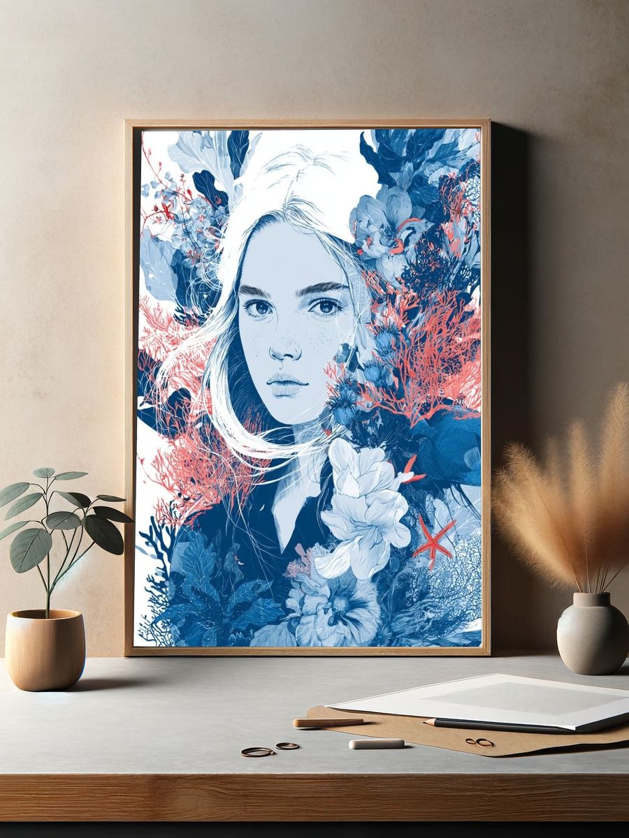 Coral Bloom Portrait Illustration Poster. — room view 2
