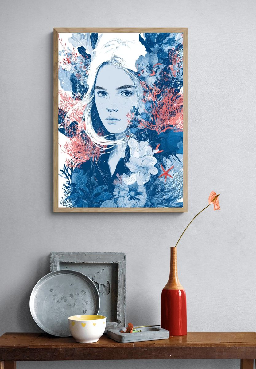 Coral Bloom Portrait Illustration Poster. — room view 3
