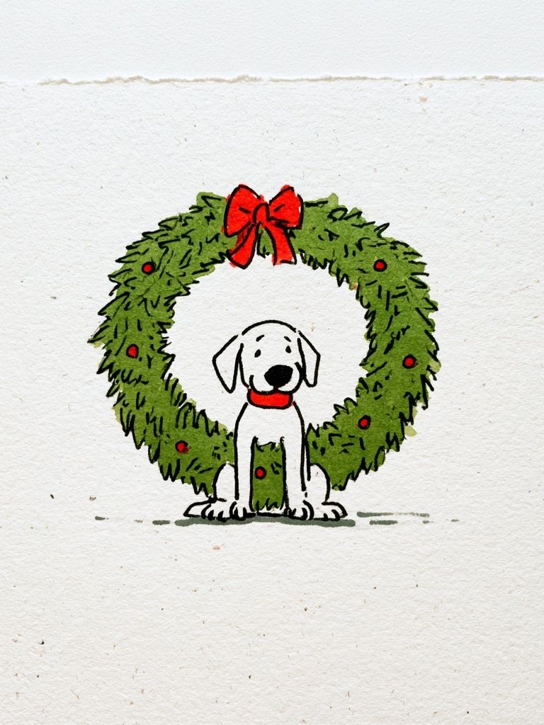 Christmas Dog Wreath Illustration Poster. poster detail