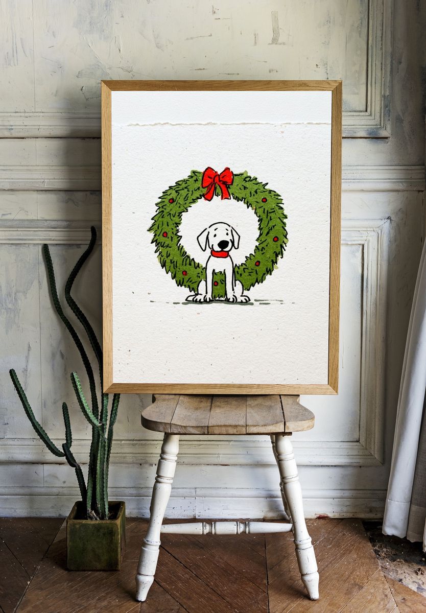 Christmas Dog Wreath Illustration Poster. — room view 1