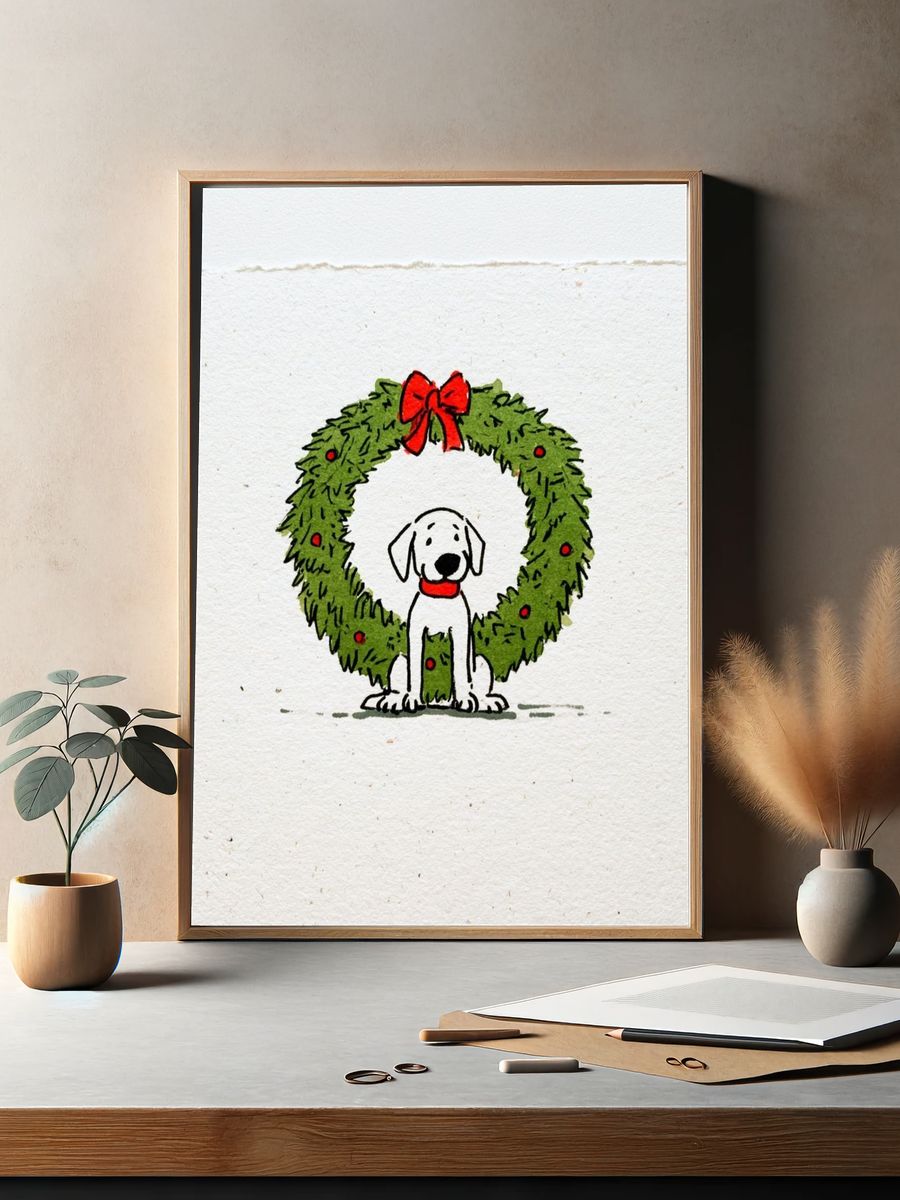 Christmas Dog Wreath Illustration Poster. — room view 2