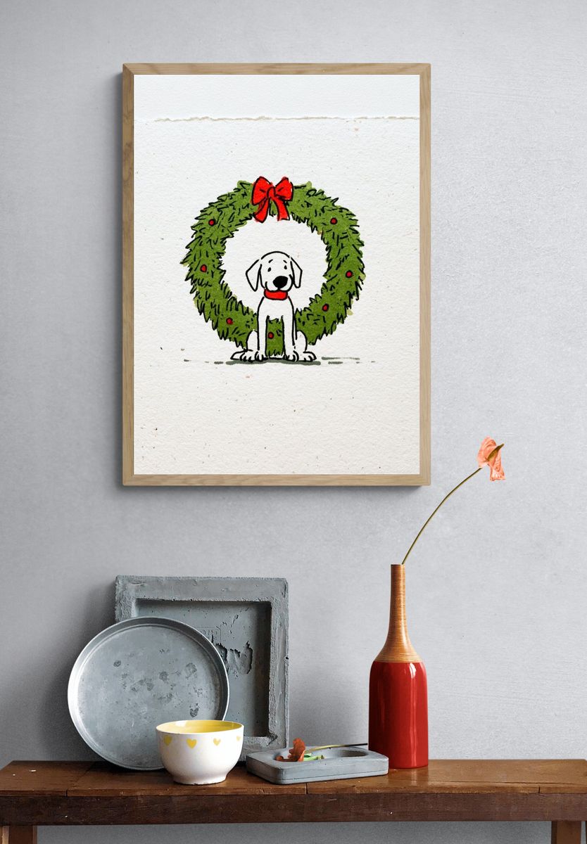 Christmas Dog Wreath Illustration Poster. — room view 3