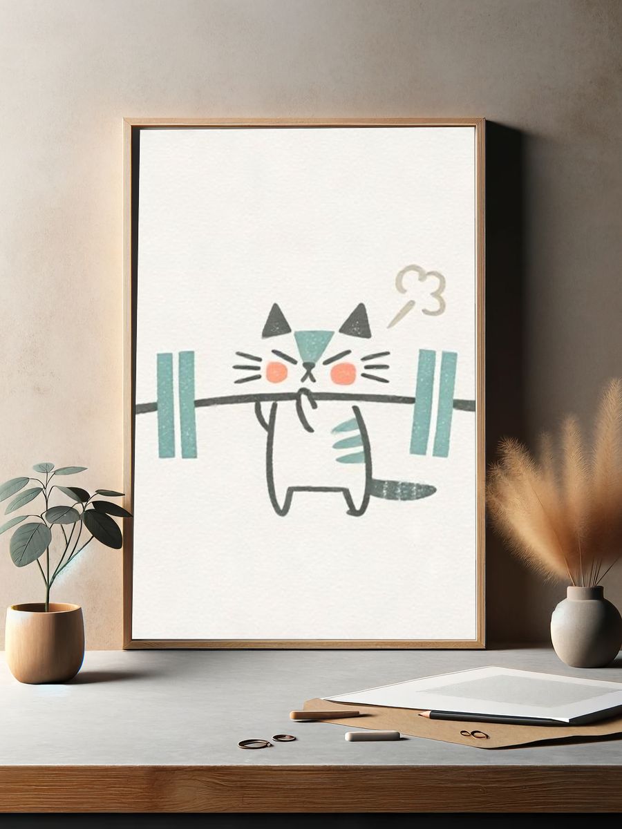 Cute Cat Weightlifting Illustration Poster. — room view 2