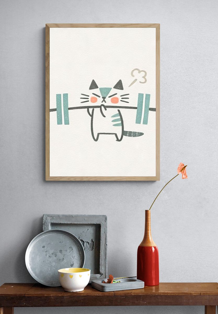 Cute Cat Weightlifting Illustration Poster. — room view 3