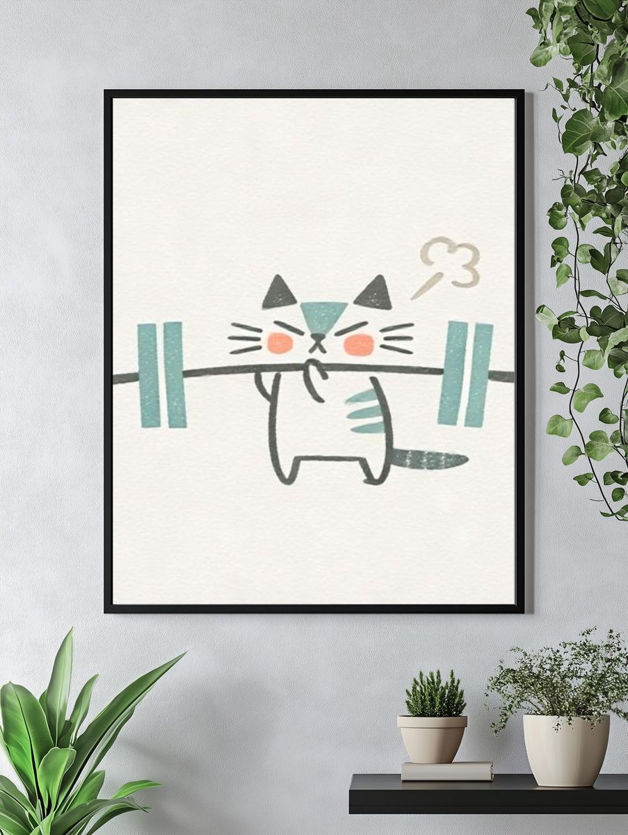 Cute Cat Weightlifting Illustration Poster. — room view 4