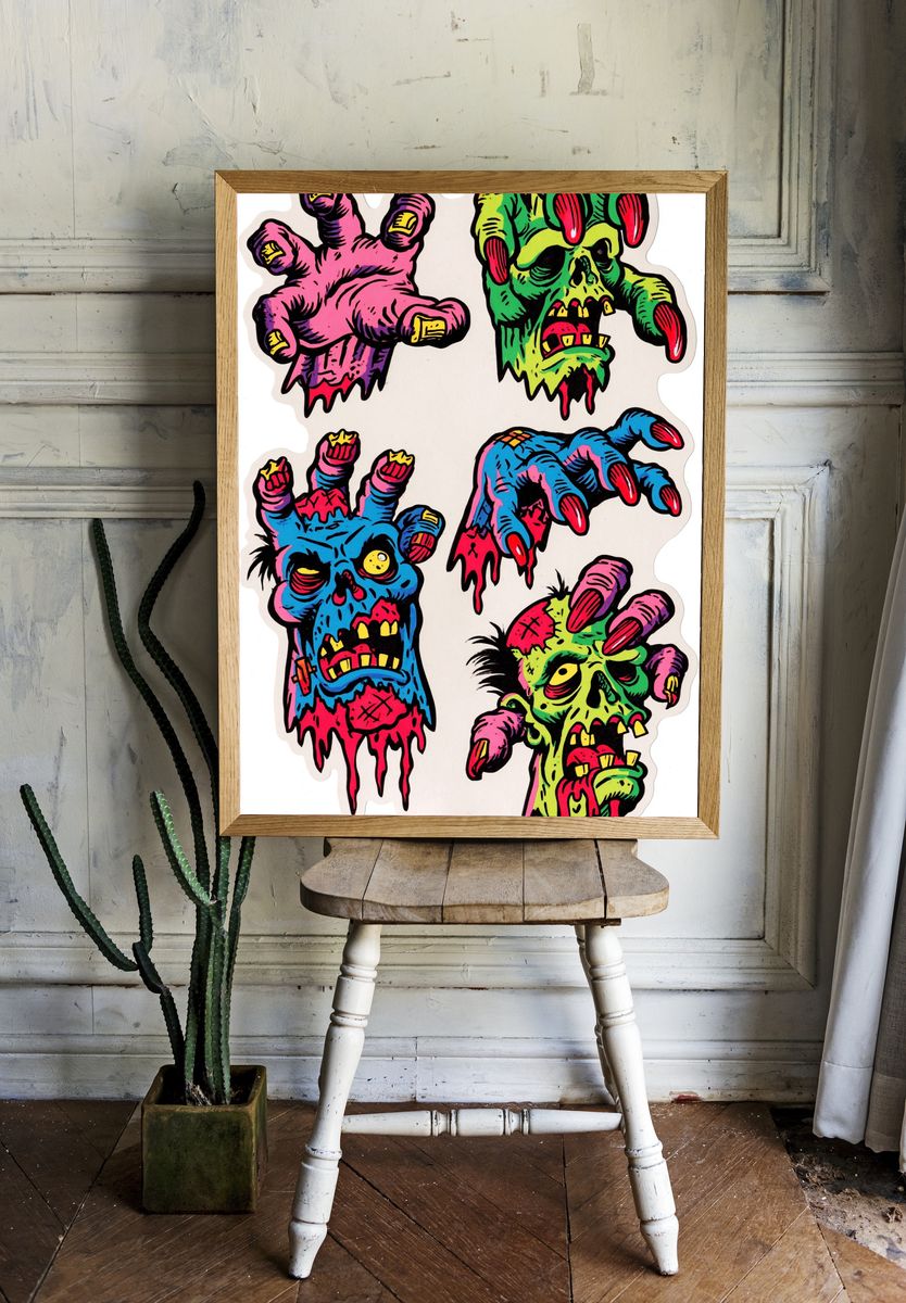 Neon Zombie Hands Illustration Poster. room preview