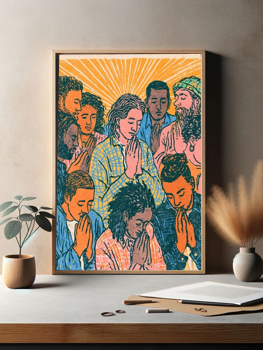 Praying Community Illustration Poster. — room view 2