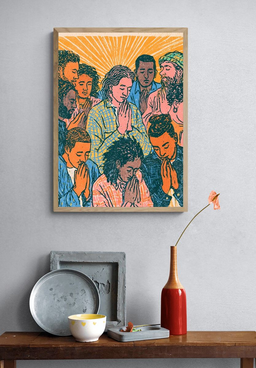 Praying Community Illustration Poster. — room view 3