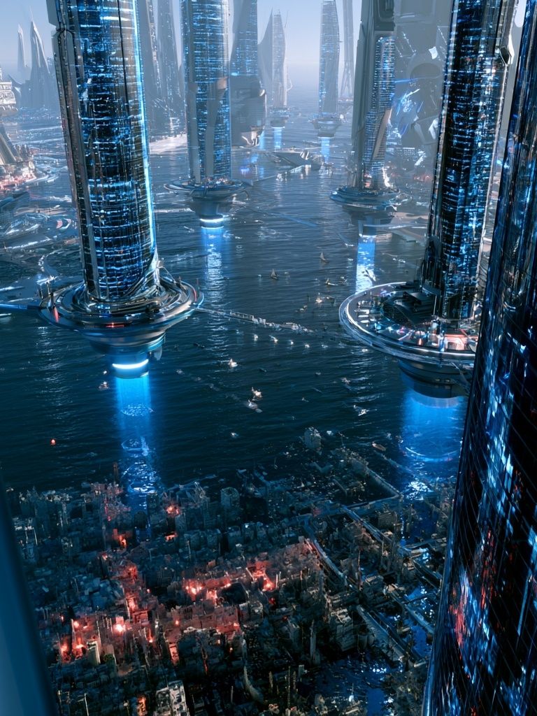 Futuristic Skyline Over Water Poster. poster detail
