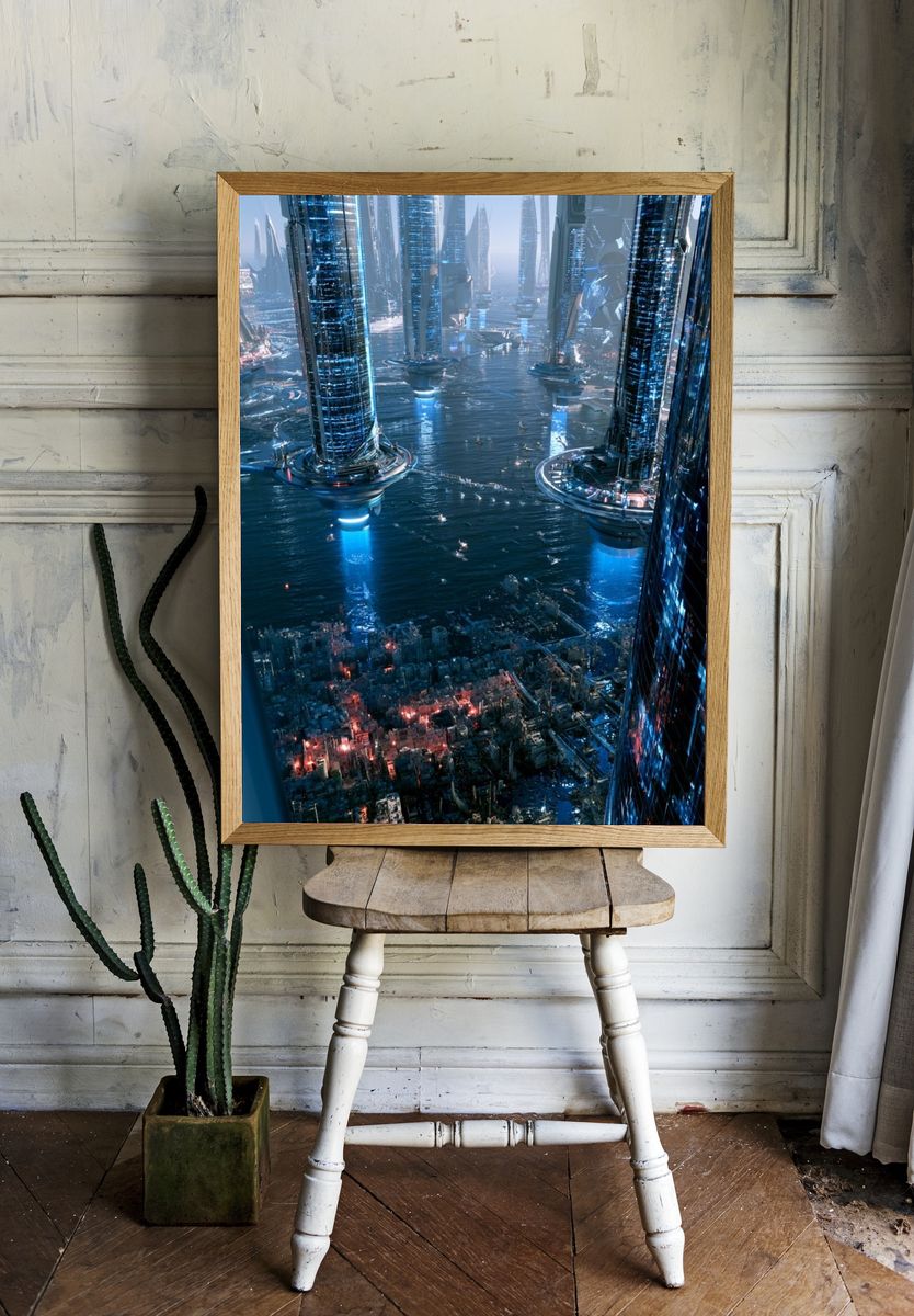 Futuristic Skyline Over Water Poster. — room view 1