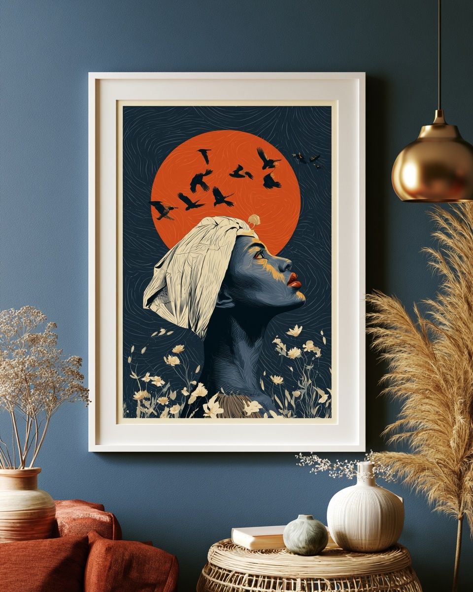 Moonlit Woman and Birds Illustration Poster. poster detail