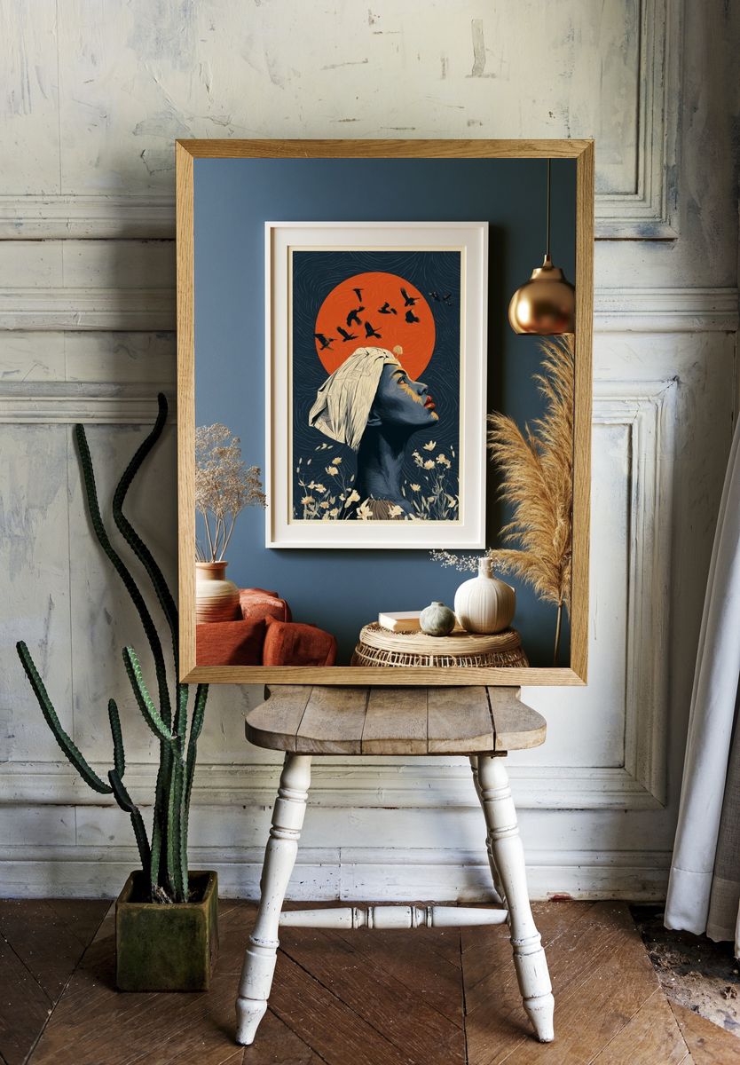 Moonlit Woman and Birds Illustration Poster. room preview