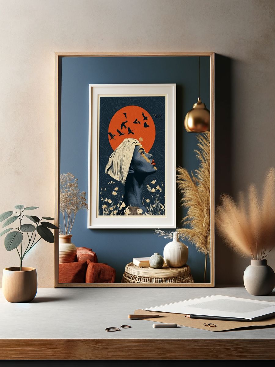 Moonlit Woman and Birds Illustration Poster. — room view 2