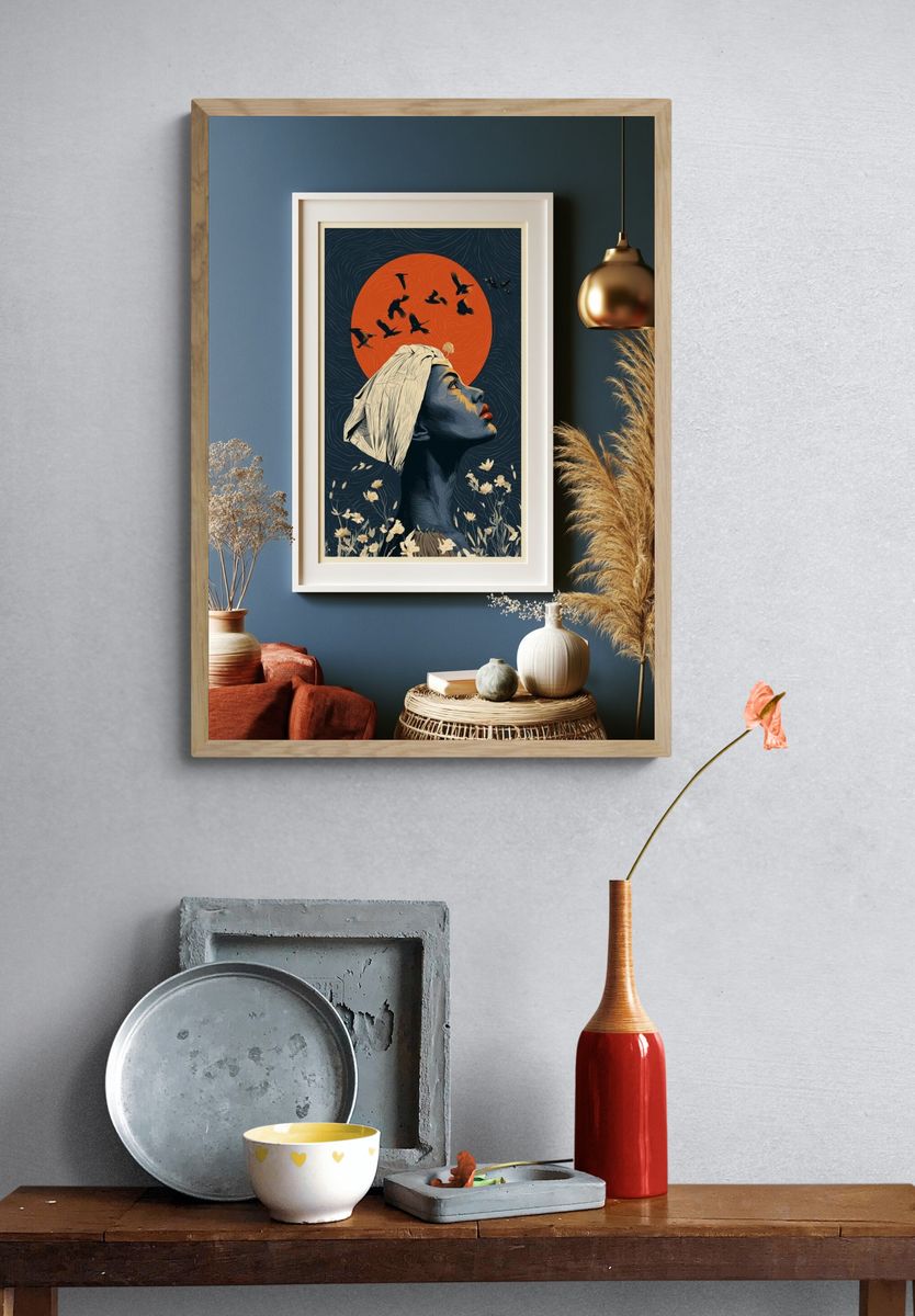 Moonlit Woman and Birds Illustration Poster. — room view 3