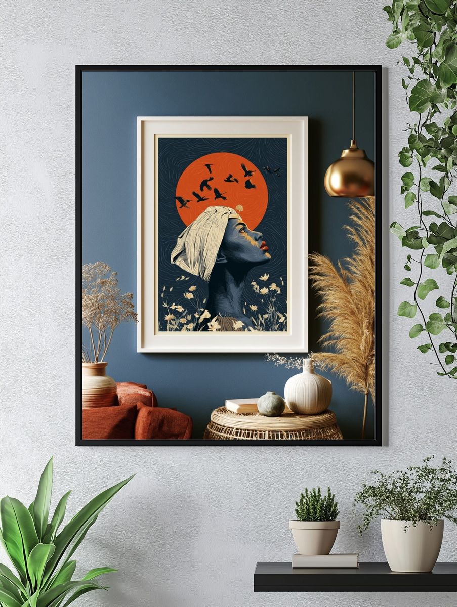Moonlit Woman and Birds Illustration Poster. — room view 4