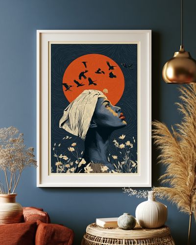 Moonlit Woman and Birds Illustration Poster. poster