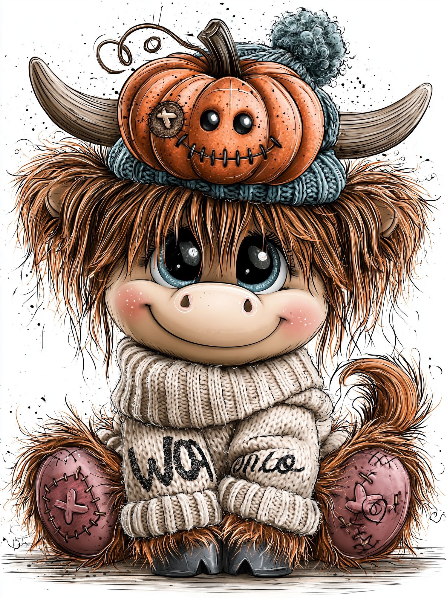 Cute Highland Cow Pumpkin Print. poster — illustration art