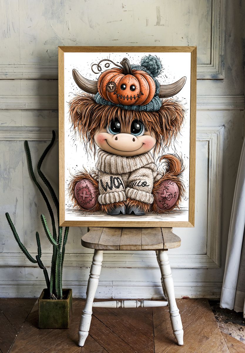Cute Highland Cow Pumpkin Print. — room view 1