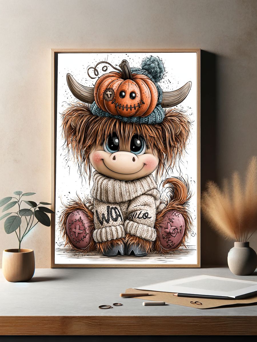 Cute Highland Cow Pumpkin Print. — room view 2