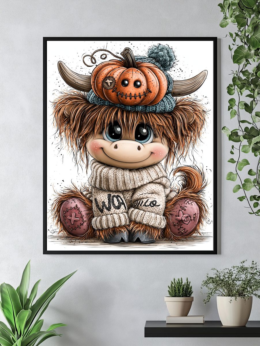 Cute Highland Cow Pumpkin Print. — room view 4