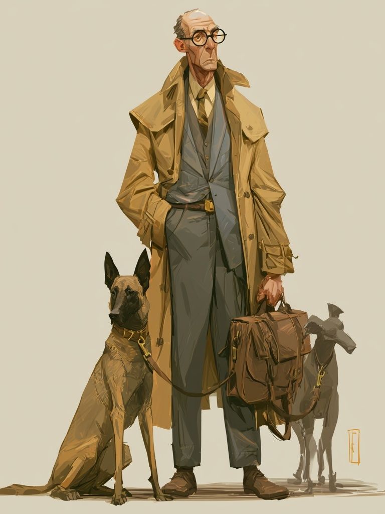 Trench Coat Man and Dogs Illustration Poster. poster detail