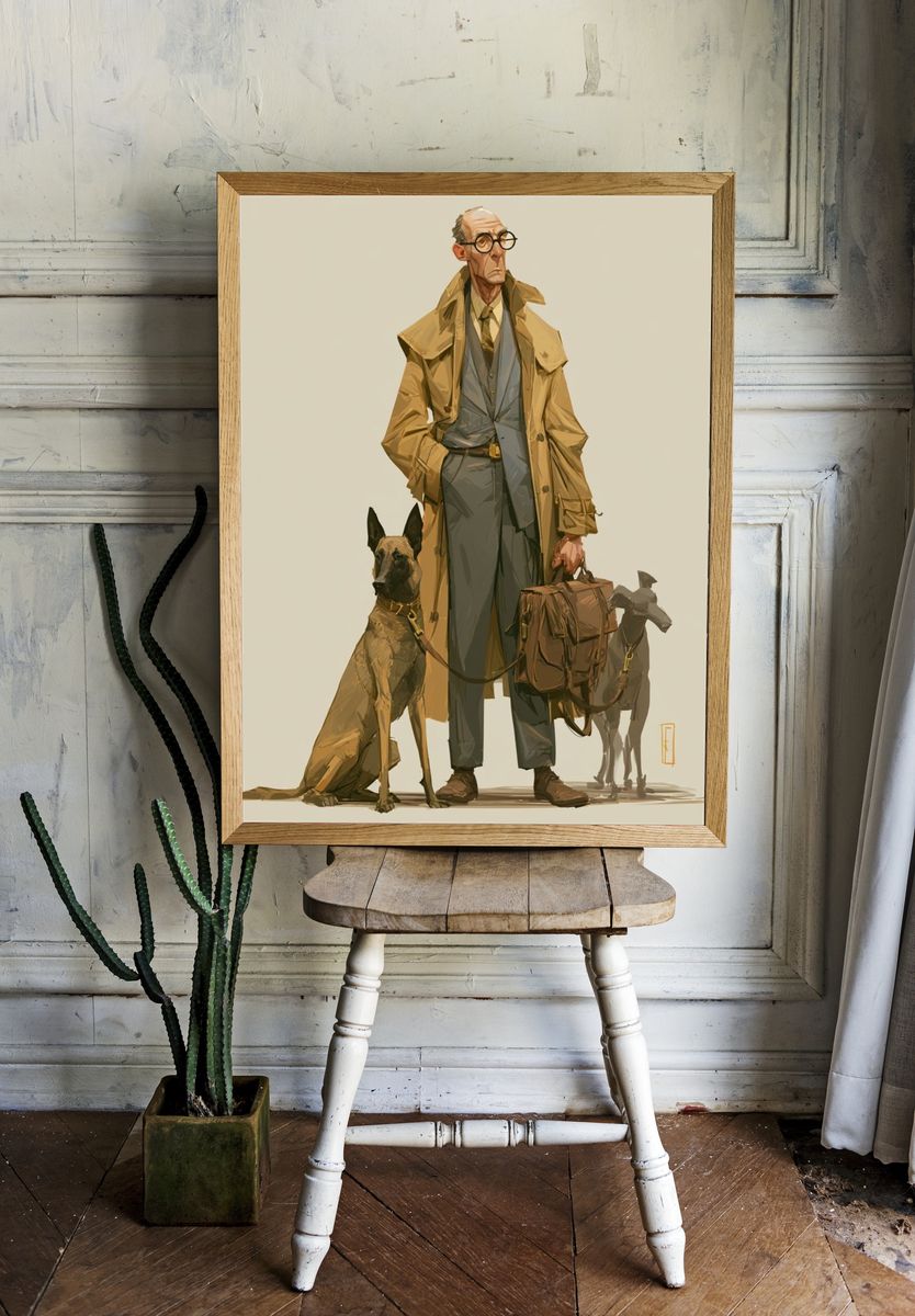 Trench Coat Man and Dogs Illustration Poster. — room view 1