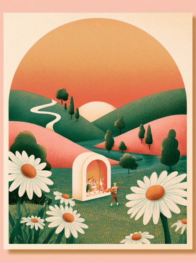 Sunset Meadow Illustration Poster. poster detail